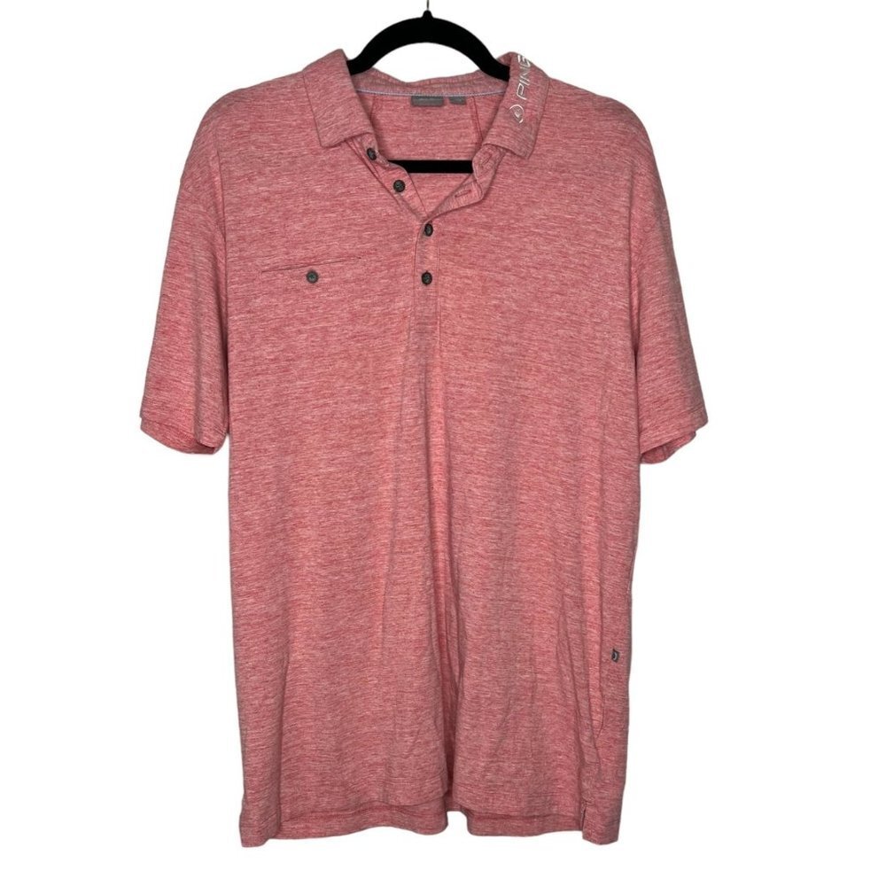 PING Men's Medium Karsten III Flecked Pocket Golf Polo Pink Embroidered Collared